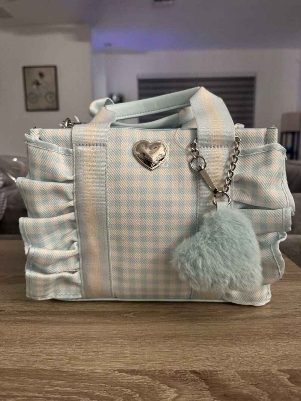 Betsey Johnson  RUFFLE Canvas Light Blue Bag Heart Charm Ruffles NWT $78